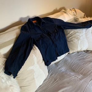 Navy blue Unisex Zip up Casual fun jacket. Note printing on back